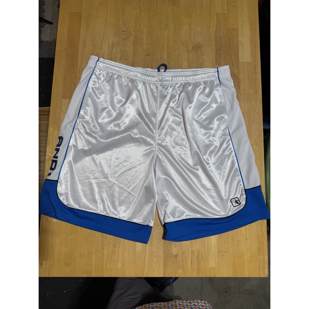 AND1 Basketball Shorts 3XL White‎ Blue Satin Athletic Mesh Logo 11" Inseam